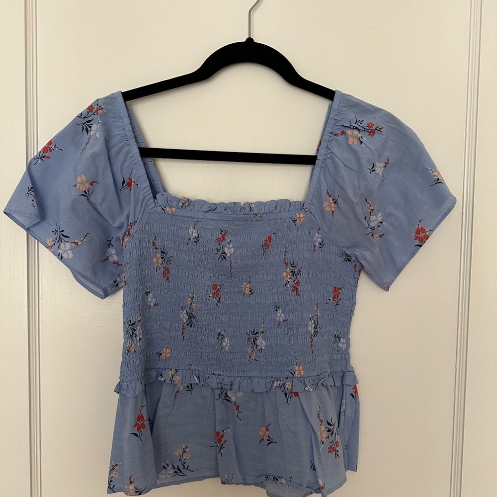 Madewell Blue Puff Sleeve Smocked Peplum Blouse